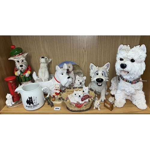 304 - SHELF OF SCOTTIE TERRIER POTTERY AND RESIN MOULDED FIGURE GROUPS AND BLACK AND WHITE SKOCTH WHISKY A... 