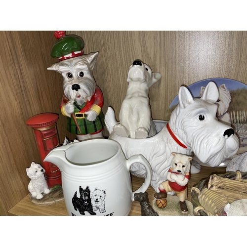 304 - SHELF OF SCOTTIE TERRIER POTTERY AND RESIN MOULDED FIGURE GROUPS AND BLACK AND WHITE SKOCTH WHISKY A... 