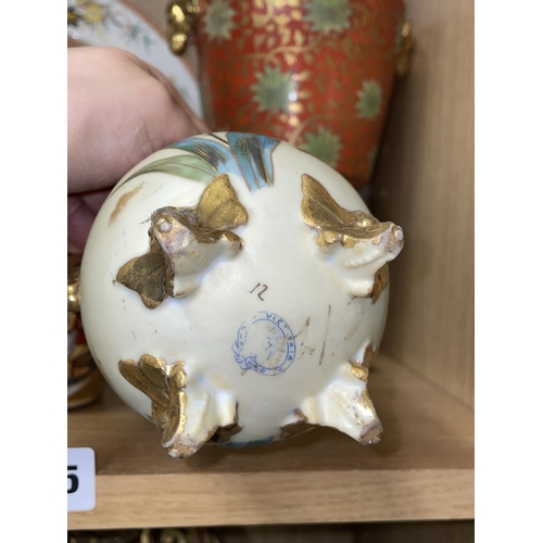 305 - 19TH CENTURY IRONSTONE PALM PATTERN PLATE, 19TH CENTURY GILDED RAMS HEAD OVOID VASE DRILLED FOR ELEC... 