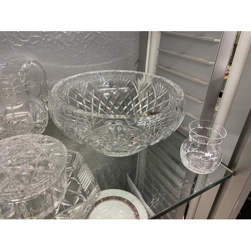 311 - GLASS DRESSING TABLE POTS AND COVERS, CUT GLASS FRUIT BOWL AND OTHERS, AND A THOMAS WEBB CRYSTAL BEL... 