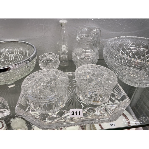 311 - GLASS DRESSING TABLE POTS AND COVERS, CUT GLASS FRUIT BOWL AND OTHERS, AND A THOMAS WEBB CRYSTAL BEL... 