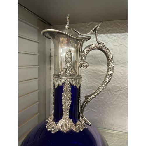 319 - BRISTOL BLUE CLARET JUG WITH EPNS MOUNTS