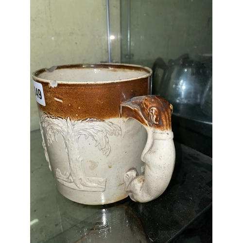 349 - 19TH CENTURY SALT GLAZED LOVING CUP WITH GREY HOUND HANDLES A/F