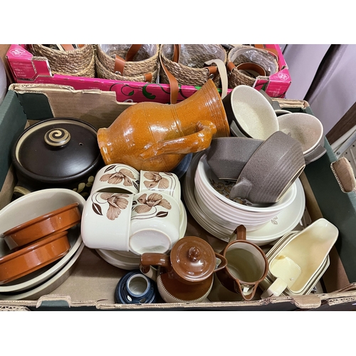 381 - TWO CARTON INCLUDING VARIOUS POTTERY TABLEWARES, STAINLESS STEEL FLATS, SERVING TRAYS, TOAST RACK, E... 