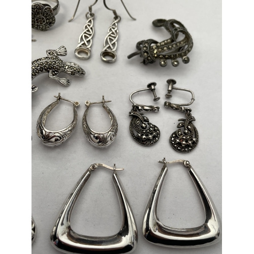 404 - SILVER HOOP EARRINGS, MARCASITES LIZARD AND SWIRL BROOCHES