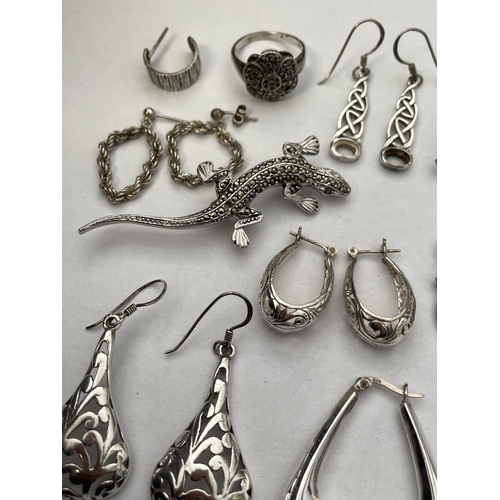 404 - SILVER HOOP EARRINGS, MARCASITES LIZARD AND SWIRL BROOCHES