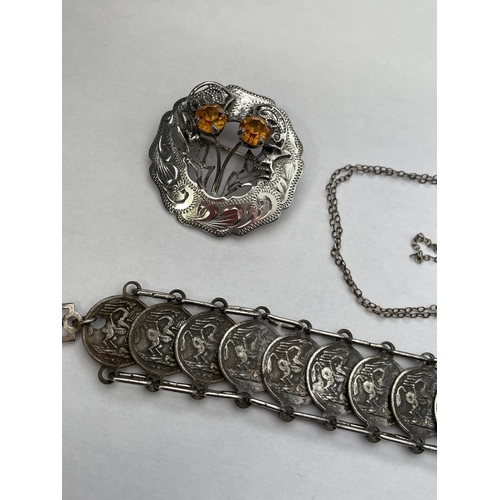 414 - MIZPAH SILVER PLATED SCOTTISH THISTLE BROOCH, A COIN BRACELET, 925 STERLING SILVER AND PAU SHELL FIS... 