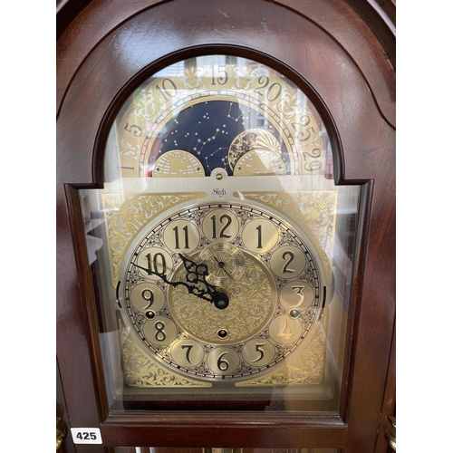 425 - REPRODUCTION 20TH CENTURY LONG CASE CLOCK BY SLIGH, TRIPLE WEIGHT WITH MOON ROLLER PHASE IN AN ORNAT... 