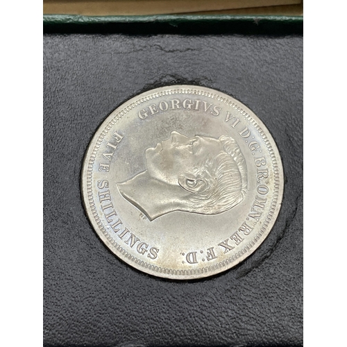 429 - BOXED 1951 FESTIVAL OF BRITAIN FIVE SHILLINGS COIN AND A BIRMINGHAM SILVER ENGRAVED OVAL NAPKIN RING