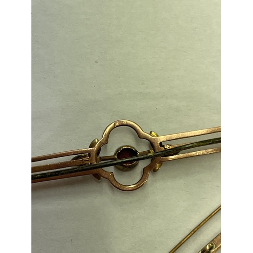 465 - 9CT ROSE GOLD AQUA MARINE BAR BROOCH AND ROSE GOLD RUBY SEED PEARL BAR BROOCH 5G APPROX