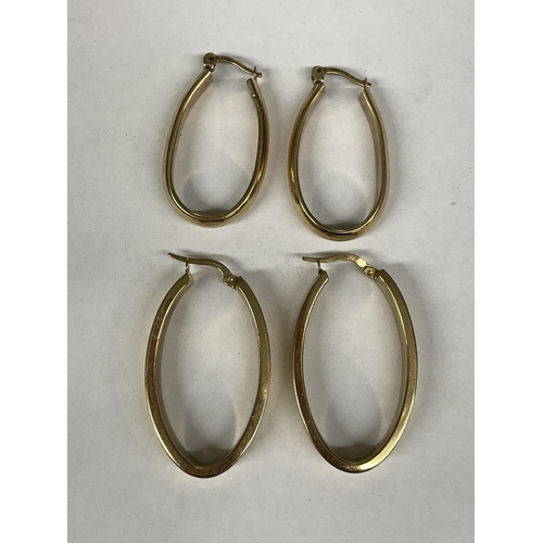 485 - PAIR OF 9CT OVAL HOOP EARRINGS 4.9G APPROX, AND A SIMILAR PAIR OF UNMARKED YELLOW METAL EARRINGS