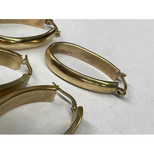 485 - PAIR OF 9CT OVAL HOOP EARRINGS 4.9G APPROX, AND A SIMILAR PAIR OF UNMARKED YELLOW METAL EARRINGS