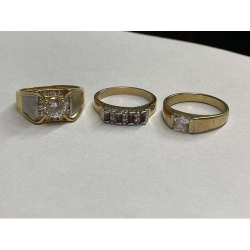 487 - 14K CZ SOLITAIRE RING 6.9G OVERALL, ROLLED GOLD CZ RING, AND AND UNMARKED STONE SET DRESS RING