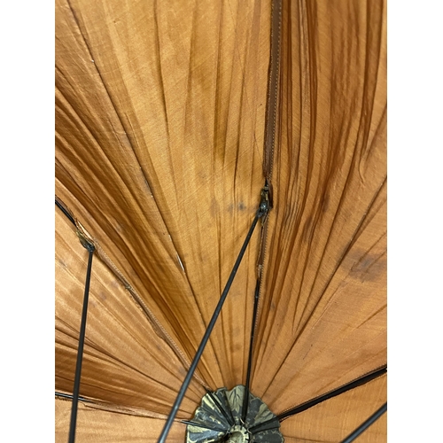 515 - VINTAGE BROWN SILK PARASOL WITH DECORATIVE TASSEL