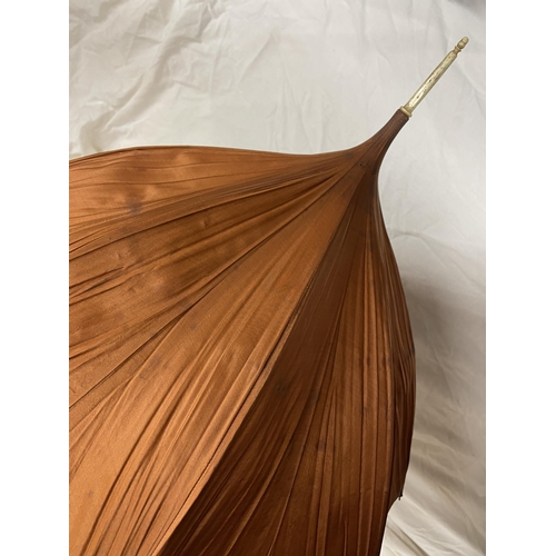 515 - VINTAGE BROWN SILK PARASOL WITH DECORATIVE TASSEL