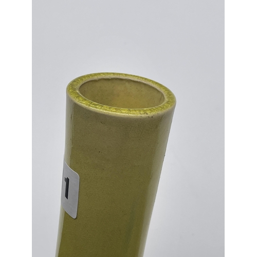 611 - CHINESE YELLOW GLAZE STONE WARE BOTTLE VASE 46CM TALL