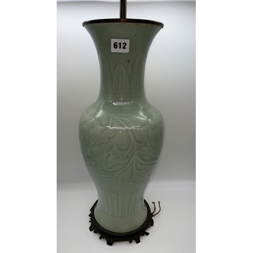 612 - CHINESE CELADON GREEN BALUSTER VASE TABLE LAMP ON HARDWOOD STAND WITH MOULDED DECORATION TO GLAZE 57... 