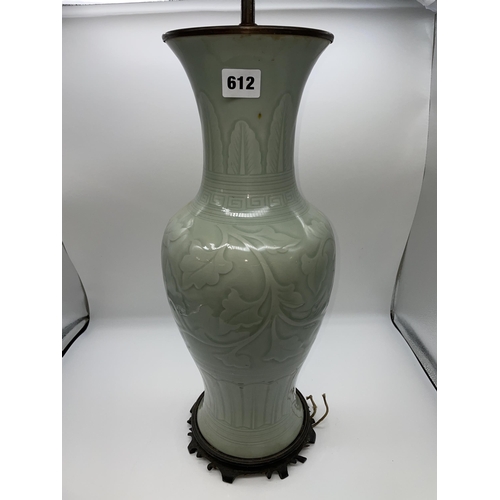 612 - CHINESE CELADON GREEN BALUSTER VASE TABLE LAMP ON HARDWOOD STAND WITH MOULDED DECORATION TO GLAZE 57... 