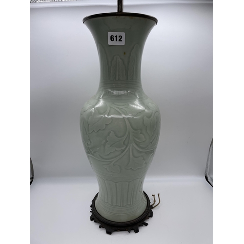 612 - CHINESE CELADON GREEN BALUSTER VASE TABLE LAMP ON HARDWOOD STAND WITH MOULDED DECORATION TO GLAZE 57... 