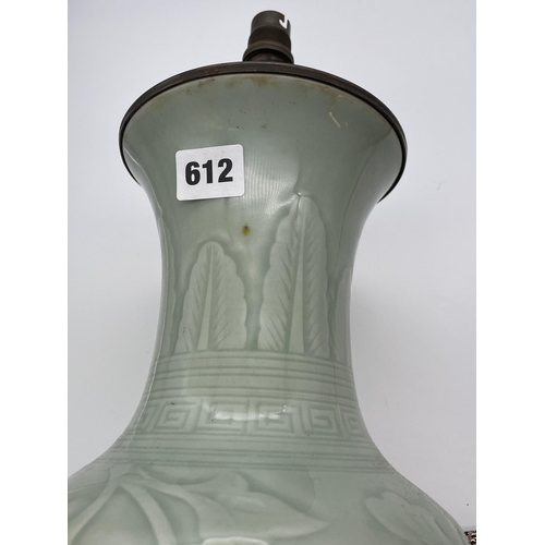 612 - CHINESE CELADON GREEN BALUSTER VASE TABLE LAMP ON HARDWOOD STAND WITH MOULDED DECORATION TO GLAZE 57... 