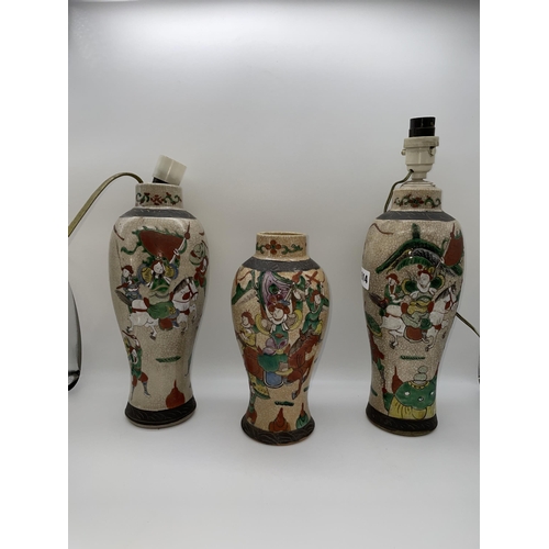 614 - PAIR OF CHINESE CRACKLE GLAZE BALUSTER VASES CONVERTED TO TABLE LAMPS DECORATED WITH WARRIORS 29CM T... 