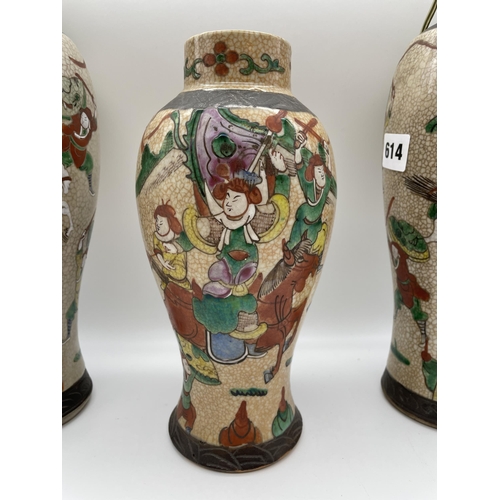 614 - PAIR OF CHINESE CRACKLE GLAZE BALUSTER VASES CONVERTED TO TABLE LAMPS DECORATED WITH WARRIORS 29CM T... 