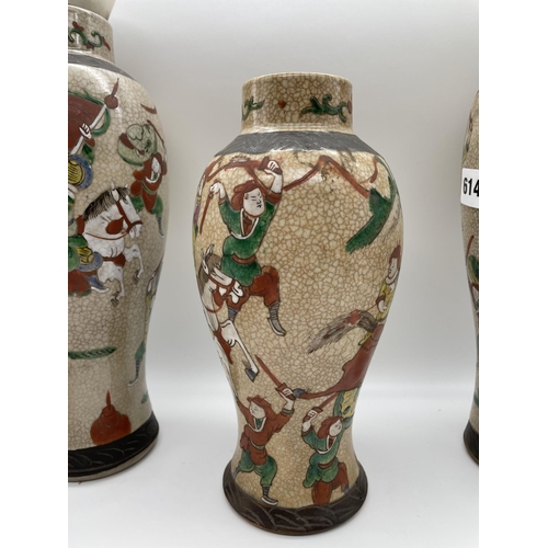 614 - PAIR OF CHINESE CRACKLE GLAZE BALUSTER VASES CONVERTED TO TABLE LAMPS DECORATED WITH WARRIORS 29CM T... 