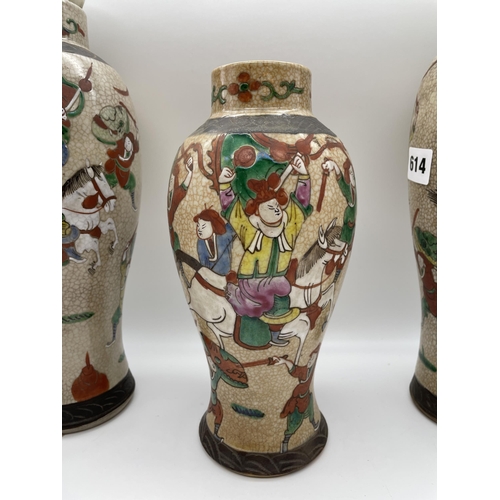 614 - PAIR OF CHINESE CRACKLE GLAZE BALUSTER VASES CONVERTED TO TABLE LAMPS DECORATED WITH WARRIORS 29CM T... 