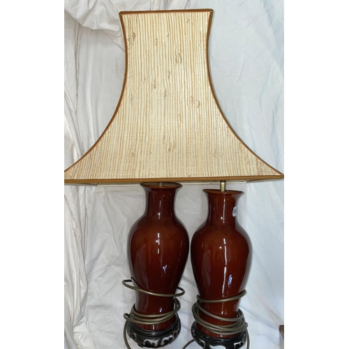 615 - PAIR OF 20TH CENTURY CHINESE STYLE BALUSTER TABLE LAMPS WITH SHADES, ONE RIM HAS BEEN RESTORED