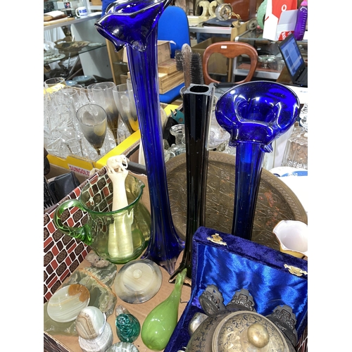 617 - BOX CONTAINING BRISTOL BLUE GLASS TALL SPILL VASES, ONYX DECORATIVE DISHES, GLASS PAPERWEIGHTS AND M... 