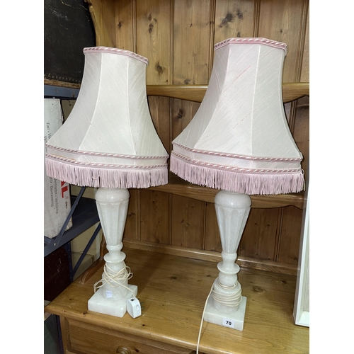 70 - PAIR OF ALABASTER FLUTED TABLE LAMPS AND SHADES