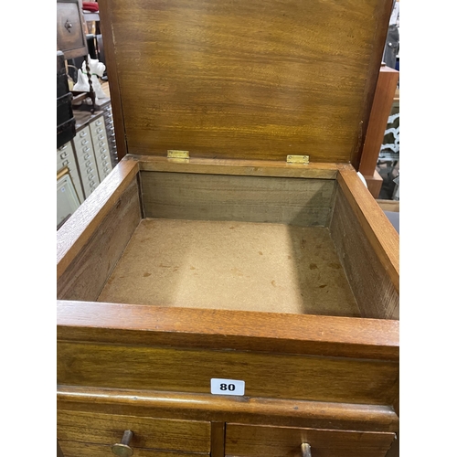 80 - 20TH CENTURY MAHOGANY NEEDLEWORK CABINET WITH DRAWERS AND HINGED LID