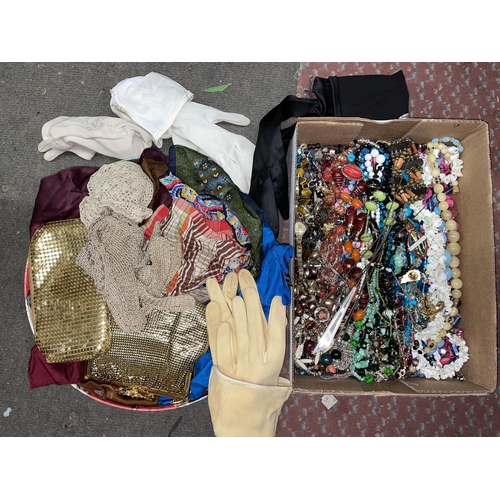 491 - ASSORTMENT OF COSTUME JEWELLERY, KID GLOVES, LAME CLUTCH PURSES AND HAT PINS