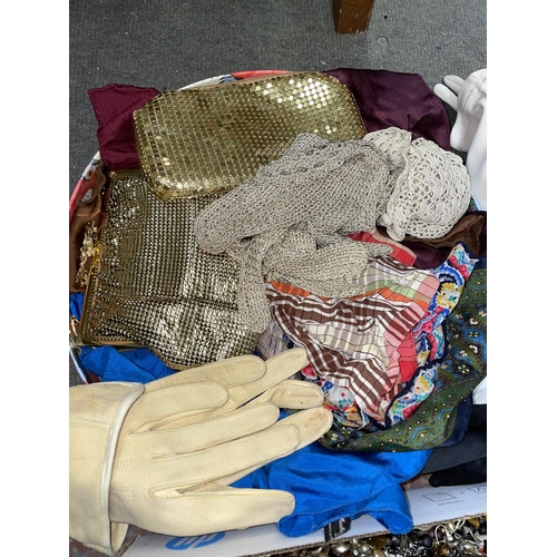 491 - ASSORTMENT OF COSTUME JEWELLERY, KID GLOVES, LAME CLUTCH PURSES AND HAT PINS