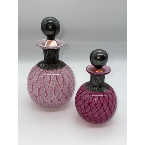 506 - PAIR OF SILEDA MOTTLED GLOBULAR GLASS SILVER OVERLAY SCENT BOTTLES