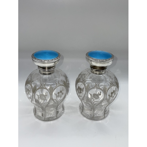 508 - PAIR OF SILVER AND BLUE ENAMEL TOPPED BALUSTER SCENT BOTTLES STOPPER A/F ON ONE BOTTLE