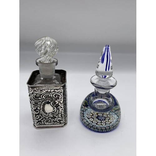 509 - MULTI CANE MILLEFIORE INKWELL AND STOPPER, AND A SILVER REPOUSE COVERED SQUARE SECTION BOTTLE (BOTTL... 