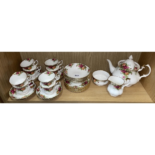 517 - ROYAL ALBERT OLD COUNTRY ROSES TEA SET INCLUDING TEAPOT, CUPS AND SAUCERS, AND BOWLS