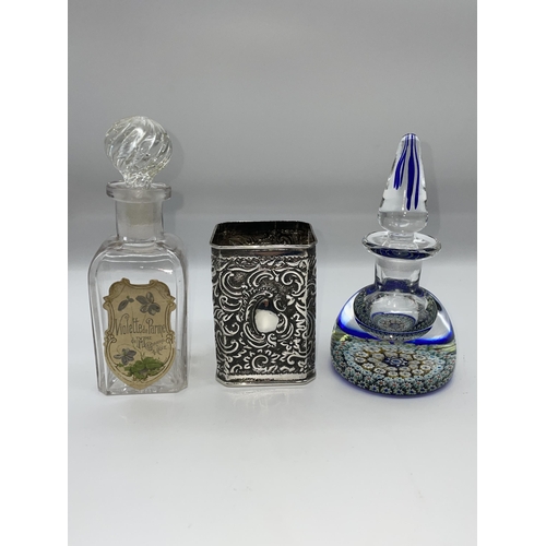 509 - MULTI CANE MILLEFIORE INKWELL AND STOPPER, AND A SILVER REPOUSE COVERED SQUARE SECTION BOTTLE (BOTTL... 