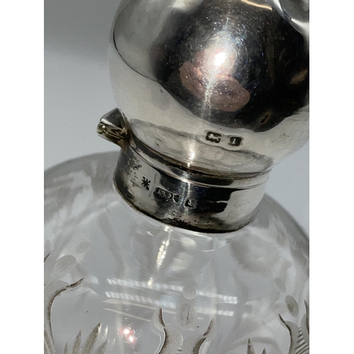 510 - SILVER POMMEL TOPPED OVOID ETCHED GLASS SCENT BOTTLE