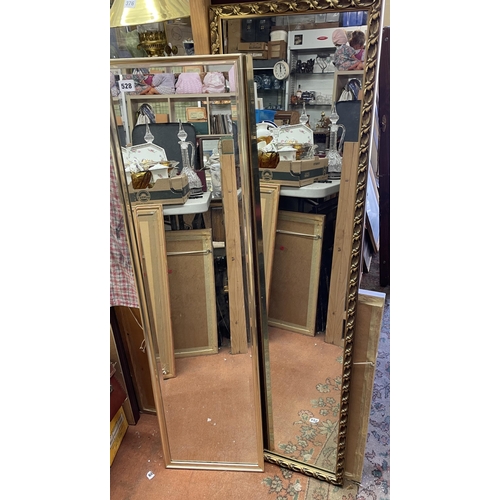 528 - TWO OBLONG MIRRORS 1) height 114cm x 30cm 2) height 123cm x 34cm approx