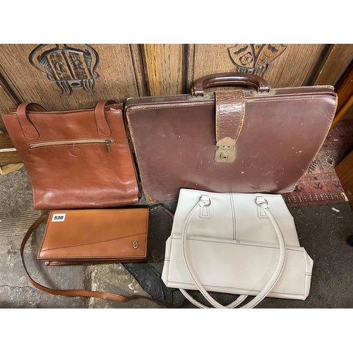 530 - BROWN ITALIAN LEATHER LADIES HANDBAG, TWO OTHERS, AND A VINTAGE LEATHER GLADSTONE BAG