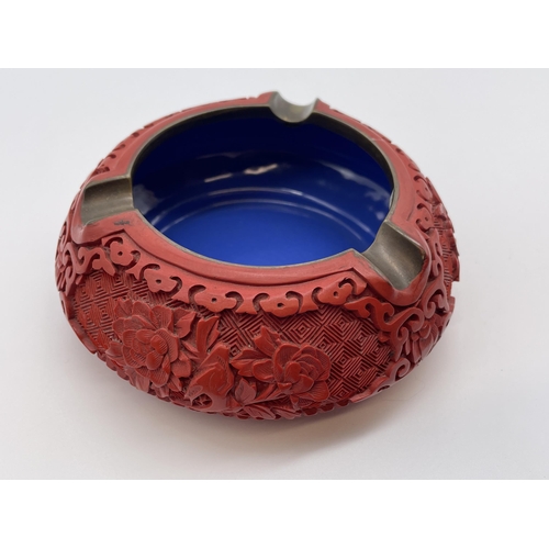 531 - CHINESE CARVED RED CINNABAR ASHTRAY