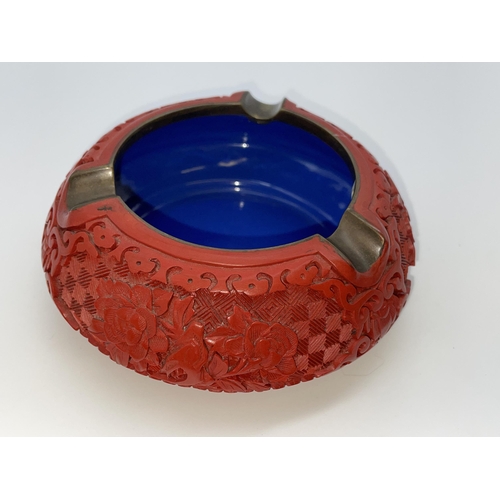 531 - CHINESE CARVED RED CINNABAR ASHTRAY