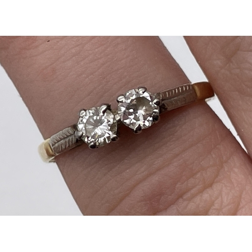 538 - 18CT GOLD PLAT TWO STONE DIAMOND RING SIZE N/O 2.2G APPROX