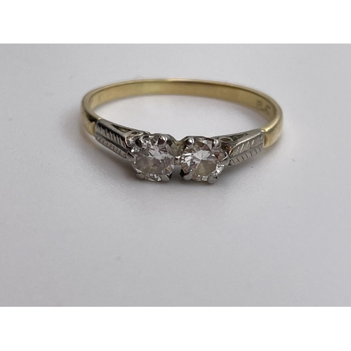 538 - 18CT GOLD PLAT TWO STONE DIAMOND RING SIZE N/O 2.2G APPROX