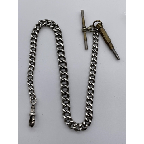 539 - HALLMARKED SILVER LINK ALBERT CHAIN WITH PLATED T BAR AND SWIVEL 1.2 APPROX