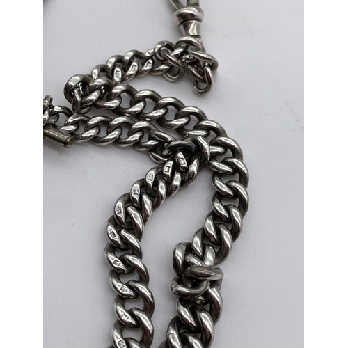 539 - HALLMARKED SILVER LINK ALBERT CHAIN WITH PLATED T BAR AND SWIVEL 1.2 APPROX