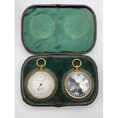 601 - LEATHER CASED CHADBURNS LTD POCKET BAROMETER AND FIELD COMPASS