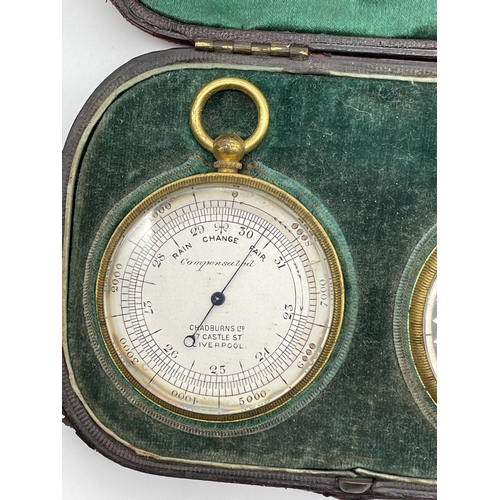 601 - LEATHER CASED CHADBURNS LTD POCKET BAROMETER AND FIELD COMPASS